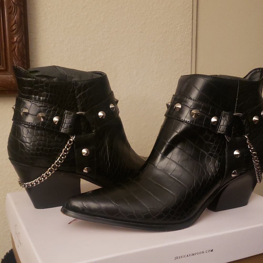 Cowboy boots, by Jessica Simpson. Black Studded Ankle Booties. 2-1/2" heel